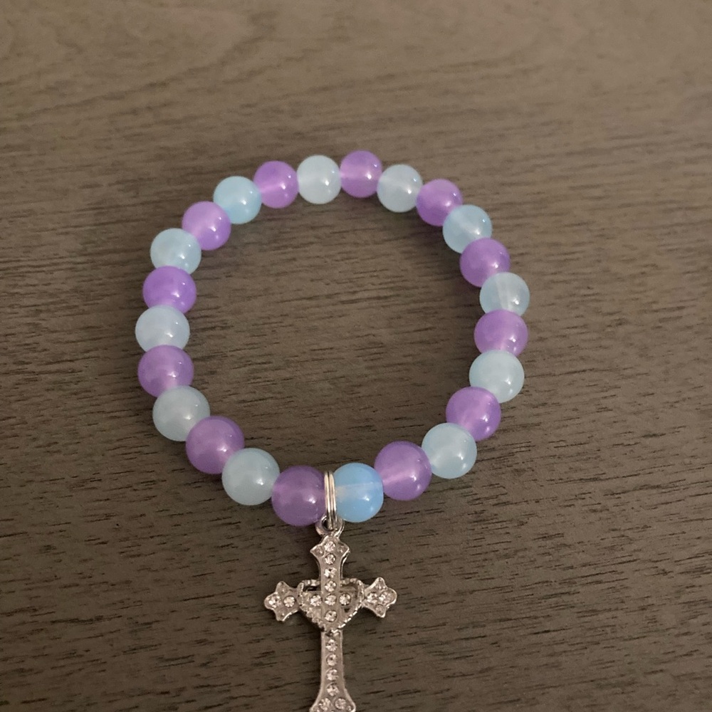 Hand Crafted Purple and Light Blue Beaded Bracelet with Cross Charm